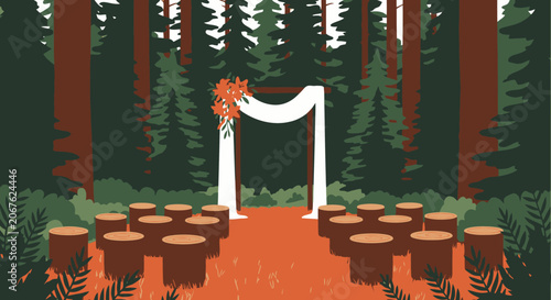 Rustic outdoor wedding ceremony setup with wooden log seats and decorated arch.