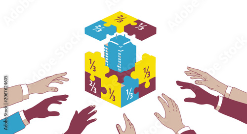 Teamwork assembling a complex structure with puzzle pieces.