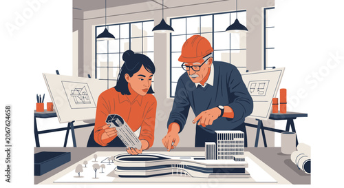 Two architects collaborating on a building model and blueprints.