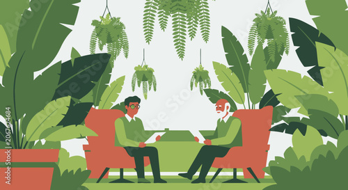 Two men in a lush, green indoor garden setting, engaged in conversation.