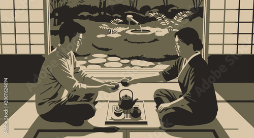Two people engaging in a traditional Japanese tea ceremony.