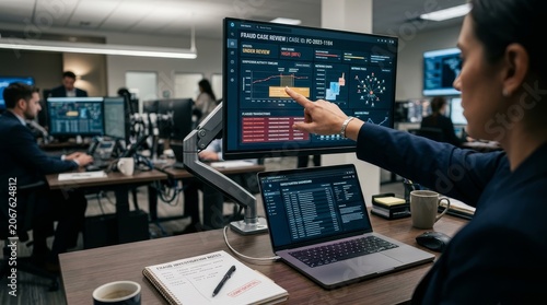 Hand pointing at fraud review dashboard on computer monitor