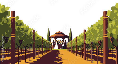 Vineyard Wedding Ceremony Gazebo with Couple.