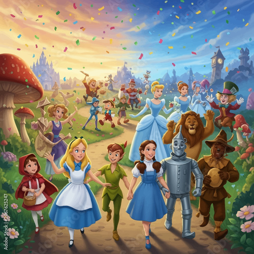 Joyful diverse fairytale characters celebrating together in a vibrant enchanted land with confetti falling and a magical castle in the background, whimsical parade.