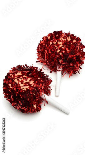 Pair of red cheerleading pom poms isolated on white background