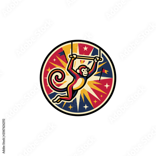 Konstfotografi Circular Vintage Emblem Featuring A Monkey Performing On A Trapeze Bar, Surround