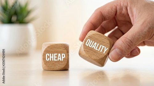 Hand selecting wooden cube with word quality over cheap symbolizing decision making for value excellence and superior choice in business and life against blurred background