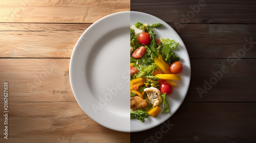 A plate divided with one half empty and the other half filled with a fresh salad, representing healthy eating
