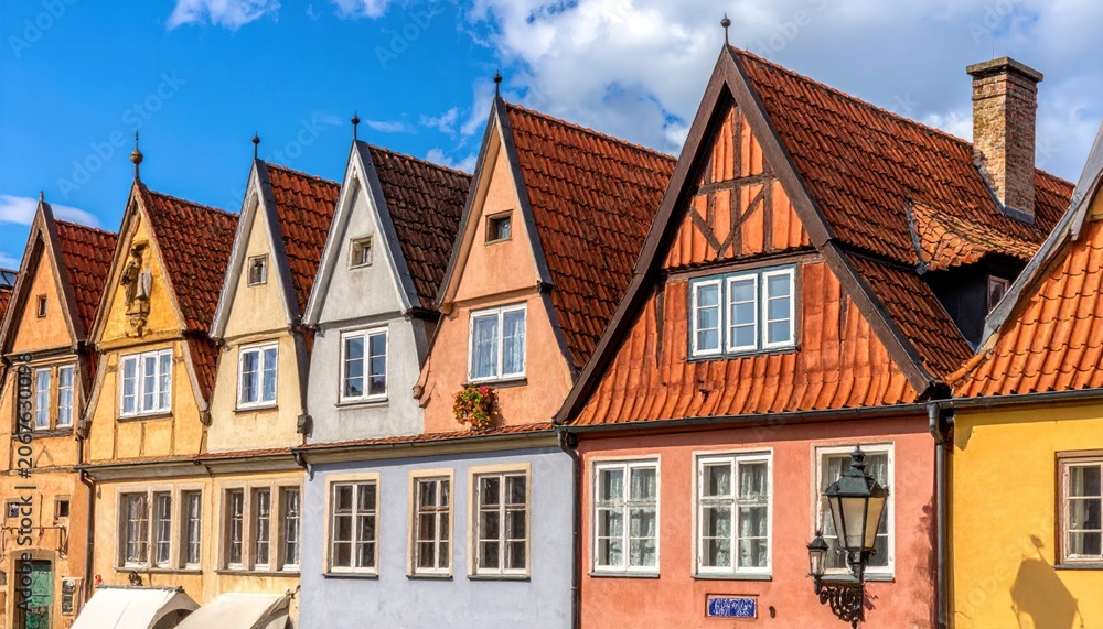 Obraz premium Historic half timbered houses in a European town center.