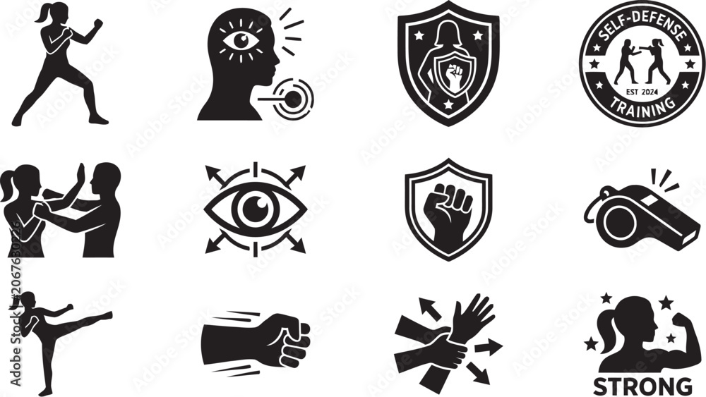 Fototapeta premium Self Defense Silhouette Icons Martial Arts Awareness And Protection Concepts