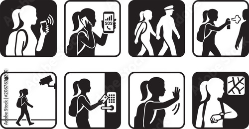 Safety Pictograms Featuring People And Communication Black Silhouette Style