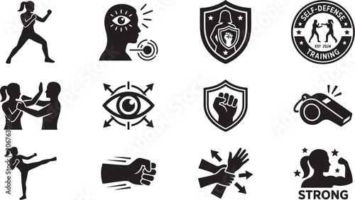 Self Defense Silhouette Icons Martial Arts Awareness And Protection Concepts