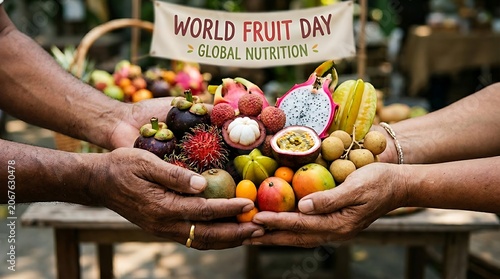 Hands holding a vibrant assortment of tropical fruits under a World Fruit Day banner, promoting global nutrition.