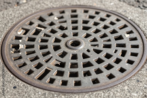 A close up of a manhole cover on a street