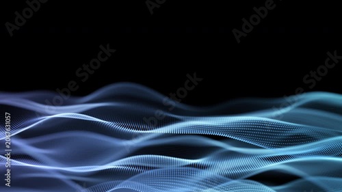 Flowing blue and white mesh waves ripple across a dark background, creating a sleek futuristic atmosphere