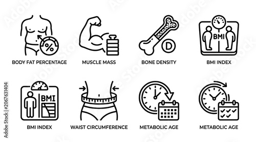 Health and Body Composition Measurement Line Icon Set