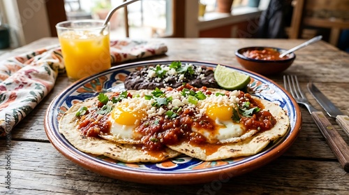 Huevos Rancheros with Fried Eggs, Salsa, and Beans on a Rustic Wooden Table.