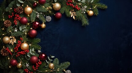 Festive Christmas garland with ornaments and fairy lights on dark blue background