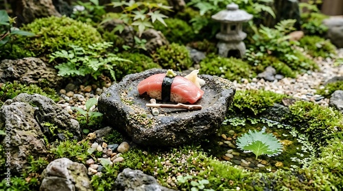 Exquisite Sushi Nigiri on Stone Plate in Lush Moss Garden Setting.