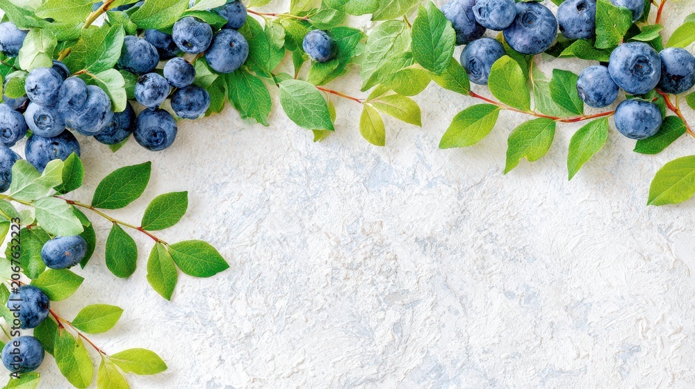 Obraz premium Fresh blueberries with green leaves on a textured white background, natural food photography
