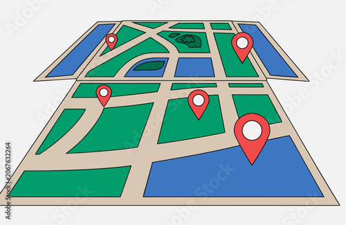 Tableau sur toile A stylized 3D map illustration showing beige roads, green land areas, and blue water sections, marked with five red location pins indicating different points of interest