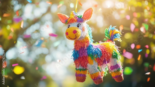 Colorful funny donkey pinata hanging against blurry background with falling confetti. Hispanic decoration for Las Posadas