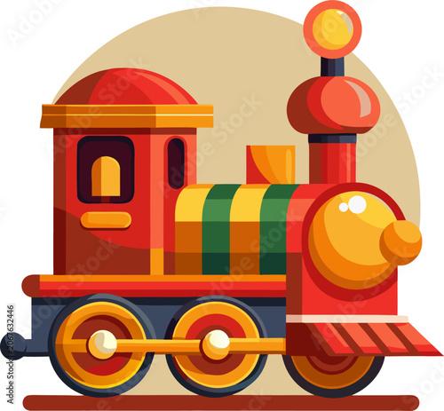 Photography Chonky Steam Train Engine: A short, stubby cartoon locomotive with giant red wheels and a shiny golden bell, retro animation style