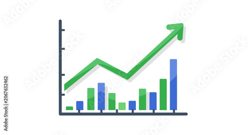 Green arrow graph with bars chart.