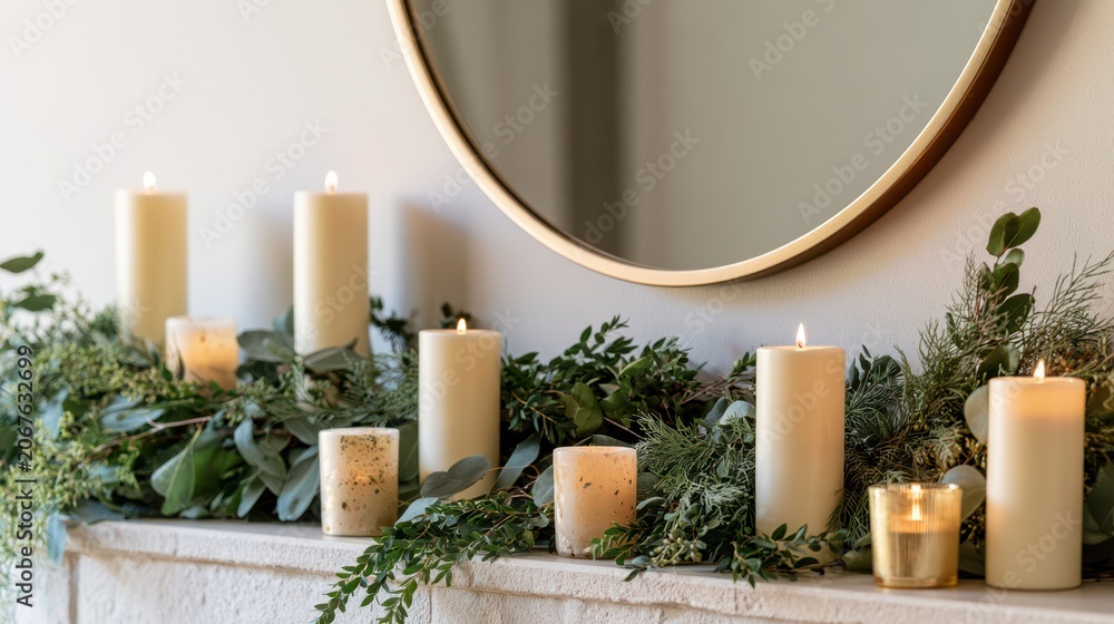 Obraz premium Warm candlelight illuminates a festive fireplace garland with a round mirror above