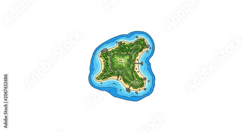 Green Island with Blue Water.