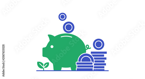 Green Piggy Bank with Coins Stack.