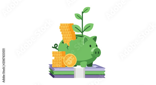 Green Piggy Bank with Coins Stack.