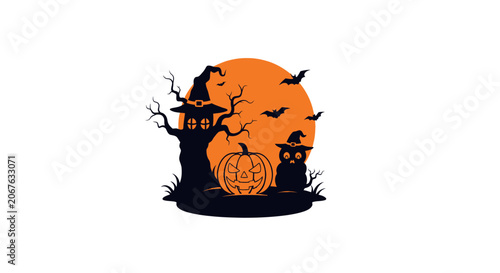 Halloween pumpkin with spooky tree silhouette.