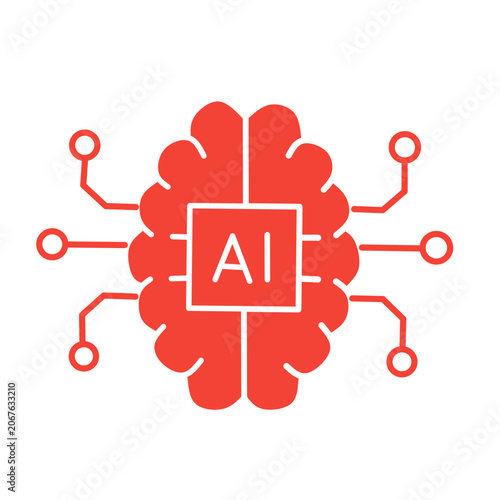 Red Outline AI Brain Circuit Icon Technology Symbol
