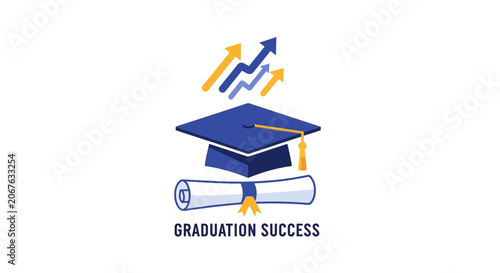 Graduation cap and diploma success symbol.