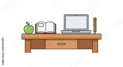 Laptop on a wooden desk.