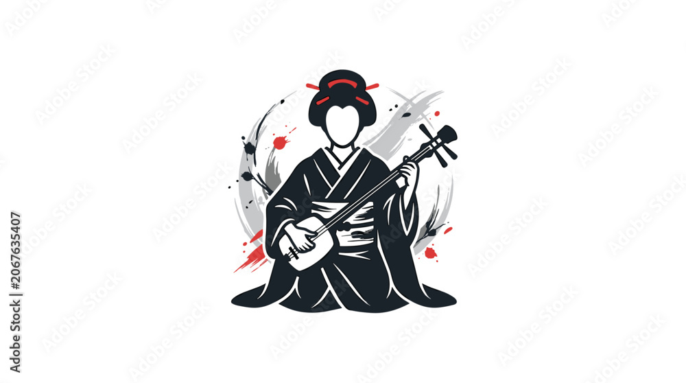Obraz premium Geisha playing traditional Japanese shamisen musical instrument.