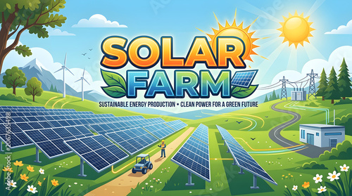 Solar farm with typography sign in sunny rural landscape with photovoltaic panels
