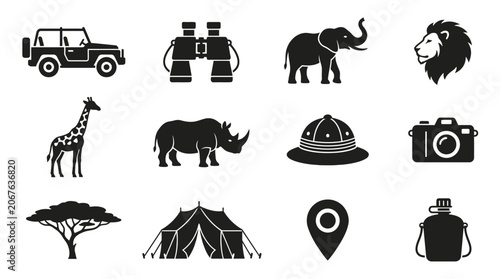 Set of 12 monochrome flat vector icons featuring safari jeep, binoculars, elephant, lion, giraffe, rhino, safari hat, camera, acacia tree, tent lodge, map marker, and water canteen
