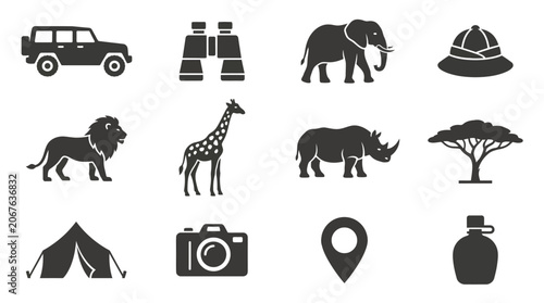 Set of 12 monochrome flat vector icons featuring safari jeep, binoculars, elephant, lion, giraffe, rhino, safari hat, camera, acacia tree, tent lodge, map marker, and water canteen