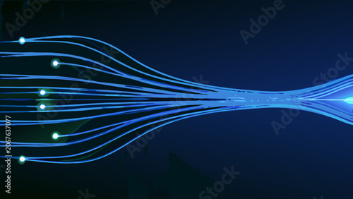 Obraz na plátne Fiber optic style lines converge and diverge a vector illustration on a dark blu