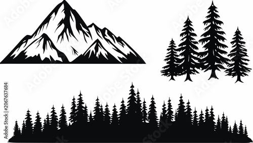 Fotografie Mountain and coniferous tree silhouettes against a white background a stark mono