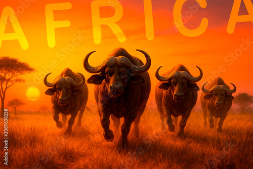 AFRICA African Buffalo Herd Running Across Savannah at Golden Sunset, Cape Buffalo Wildlife Safari, Dramatic Nature Landscape