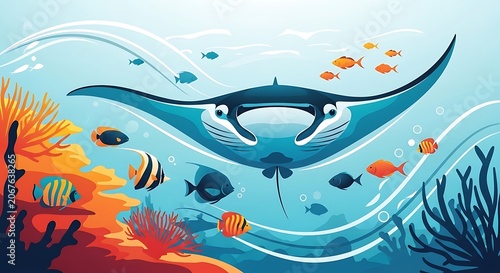 Whimsical underwater scene with colorful fish and coral.