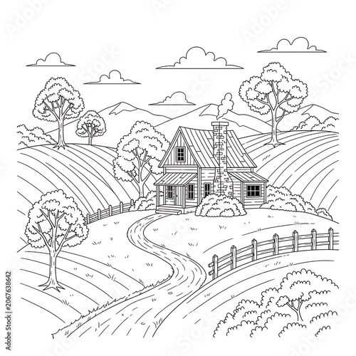 Whimsical village illustration with cottages and trees.