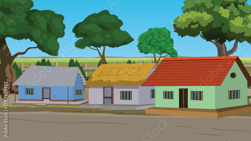 Fotografie Traditional Indian village roadside street with colorful tiled roof brick houses