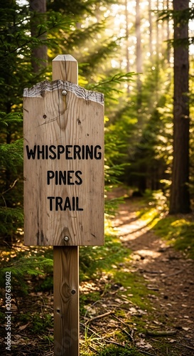 Whispering Pines Trail Wooden Signpost in Forest.