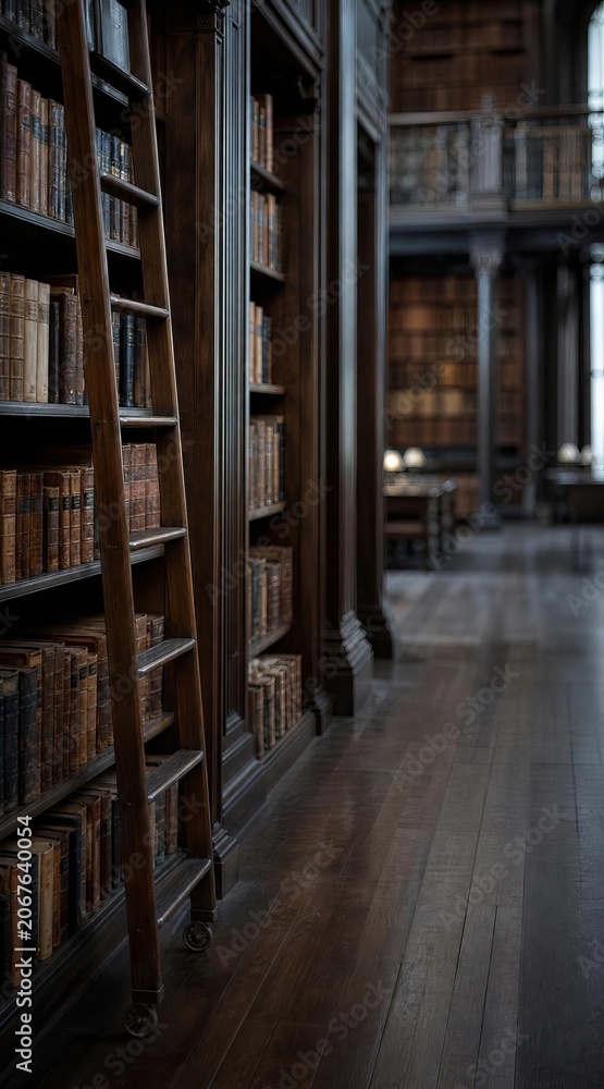 Fototapeta premium Historic university library aisle with rolling ladder