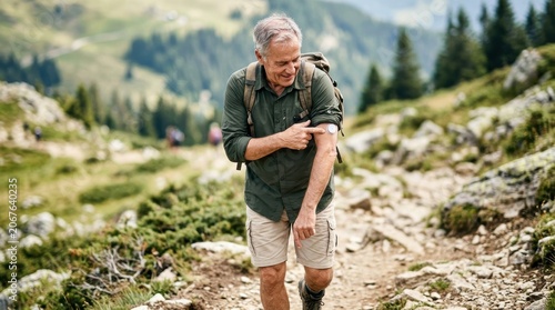 A senior man hikes along a mountain trail while pointing to a continuous glucose monitor on his arm. The scene highlights an active elderly lifestyle.