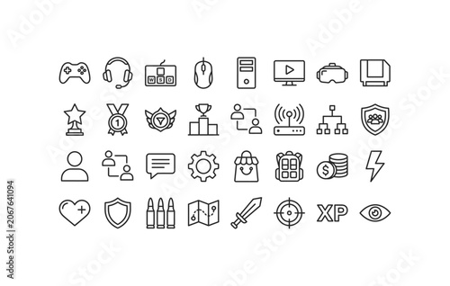 Ultimate gaming and esports tournament line icon mega set